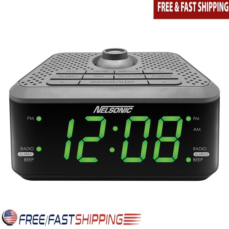 AM FM Projection Clock Radio Dual Alarm Green LED Display Battery Backup New