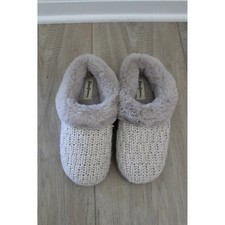 Dearfoams Womens Knit Clog Slippers Faux Fur Trim Cream Taupe Small 5/6