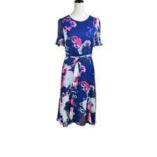 Harper Rose 8 Blue Pink Floral Fit & Flare Flowy Short Sleeve Chiffon Dress