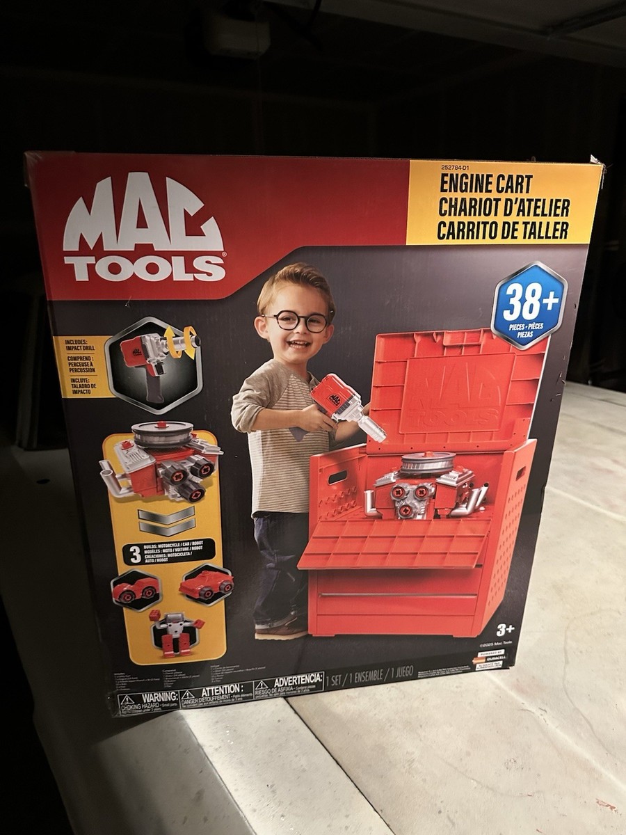 Mac Tools Kids Engine Cart Play Set 38+ Pieces Workshop Toy Tool