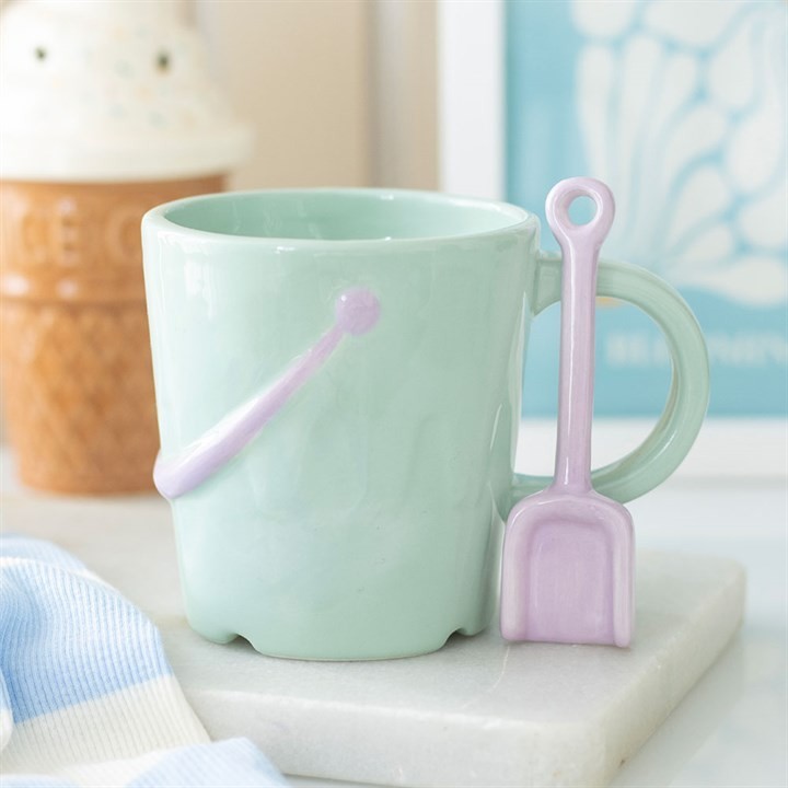 Pastel Bucket Mug with Spade Spoon Beach Summer Coastal Themed Tea Coffee Cup