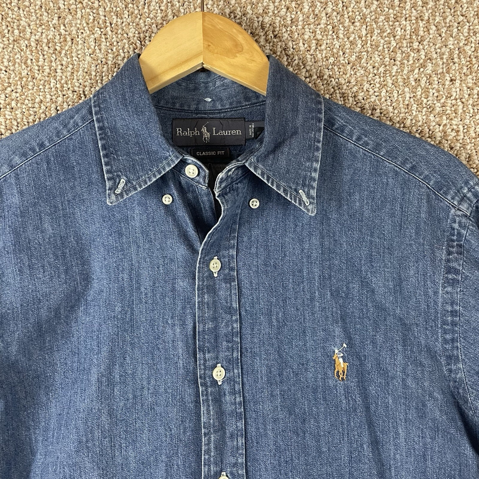 Vtg Polo Ralph Lauren Denim Shirt Mens Medium Flesh Pony Button Down 90s Western
