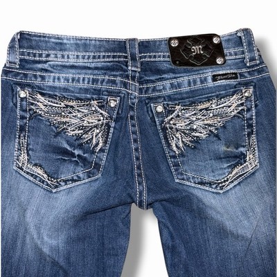 Miss Me Bootcut Jeans 27 Wings Rhinestones Fading Y2K Low Rise Whiskering Flare