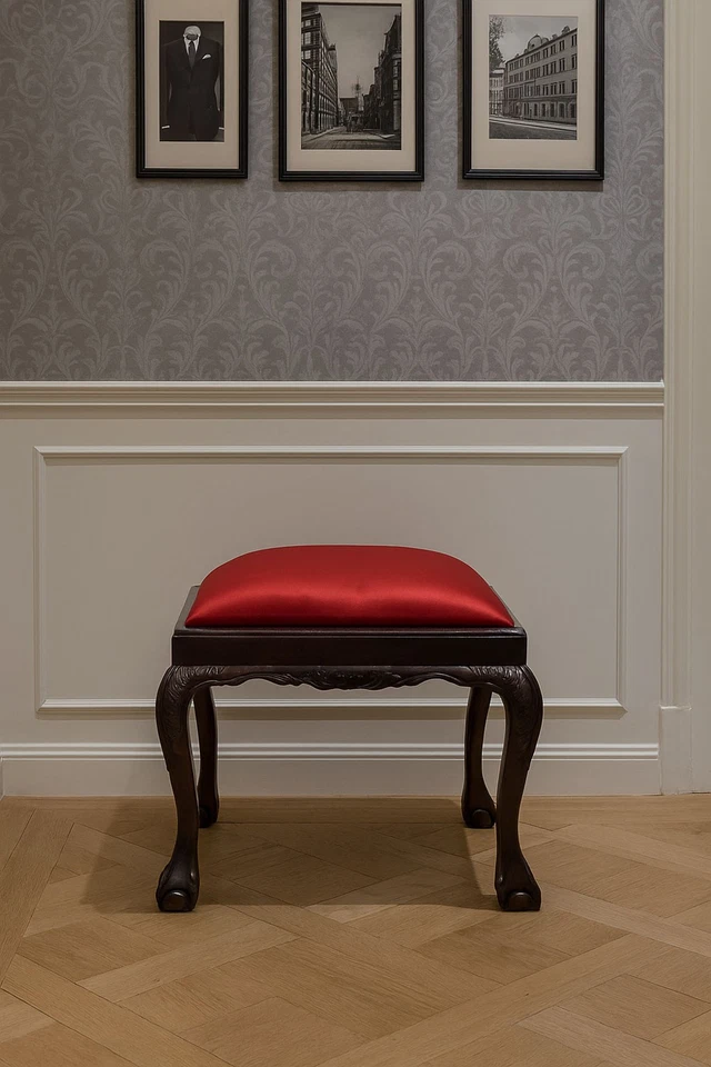 Sitzbank Antik Hocker roter Samt Schemel Mahagoni Bank Vintage Sitzhocker - Bild 3 von 4