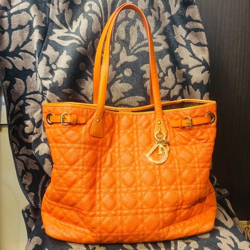 Christian Dior Quilted Tote Bag Orange Leather Pre-owned From Japan