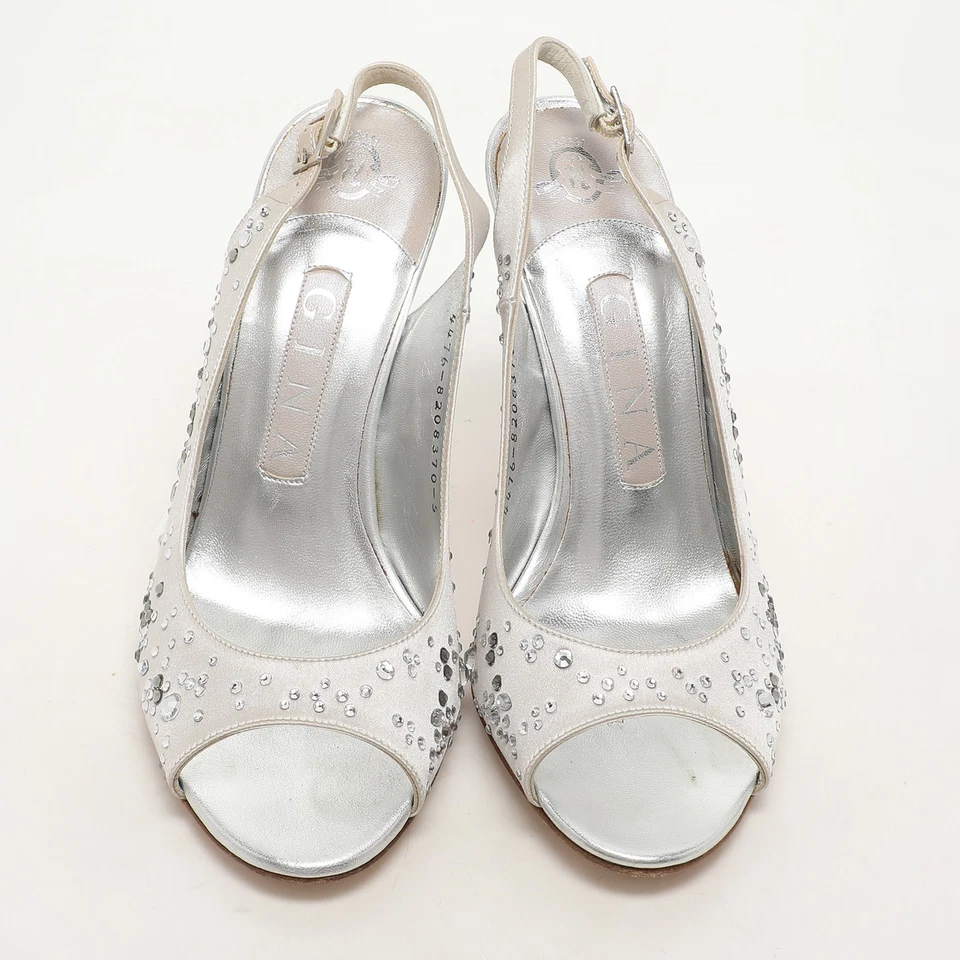 Zapatos de salón Gina plateados con puntera abierta adornados con cristal satinado talla 38 Foto 3 de 4