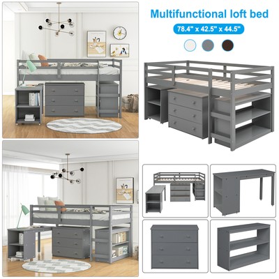 Modern Twin Size Wood Low Study Loft Bed with Cabinet and Rolling Portable Desk