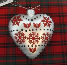 White  Red glass heart Christmas ornament, Nordic snowflake, 4 1/2" tall NWT