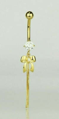 Solid 14k Yellow or White Gold Belly Button Navel CZ Bow Tie Barbell Bar Ring