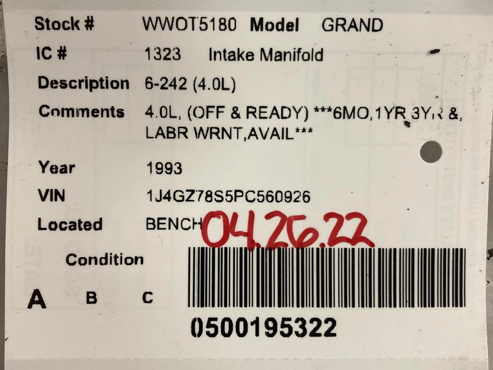 Used Engine Intake Manifold fits: 1993 Jeep Grand cherokee 6-242 4.0 Grade A Foto 4 de 4