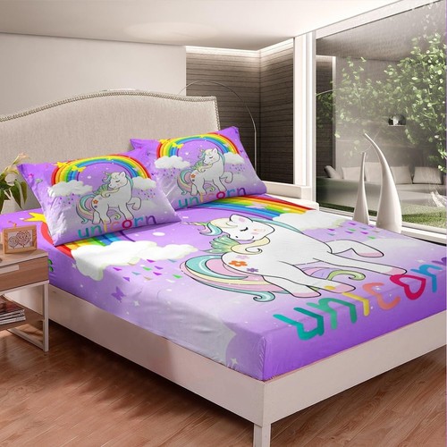 Girls Unicorn Bed Sheets Set Full Kids Unicorn Butterfly Sheet Set Cute Rainb... - Picture 3 of 6