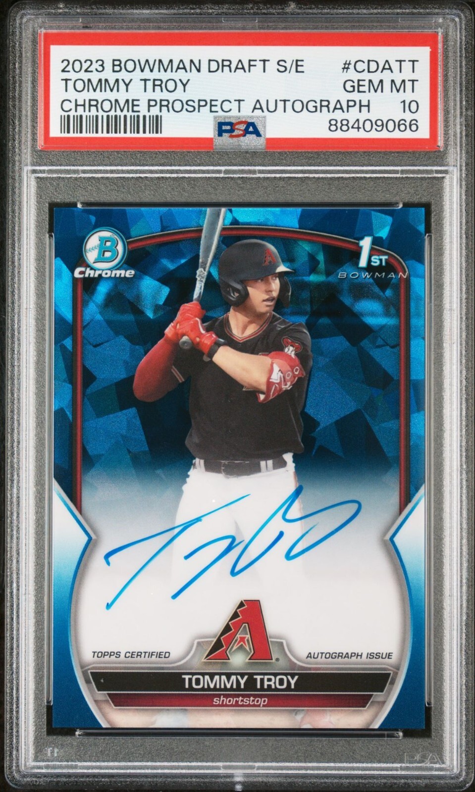 TOMMY TROY 2023 BOWMAN CHROME DRAFT 1ST SAPPHIRE  PSA 10 AUTO /199