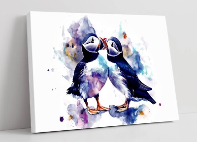 AQUARELL GEMÄLDE VON PAPAGEIENTAUCHERPAAR - TIEF GERAHMTES LEINWANDBILD WANDBILD DRUCK