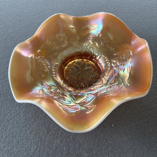 Antique Dugan “Six Petals” Carnival Glass Bowl Marigold Iridescent 8.5” No chips