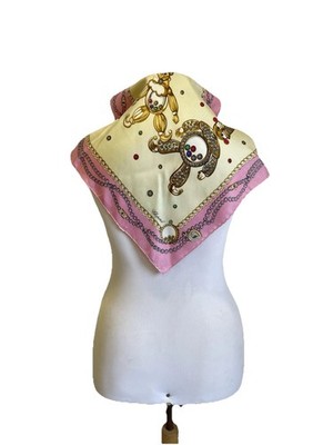 S39# Chopard Silk Scarf Made in Italy Pink Gold Chain & Teddy Bear Print Luxury