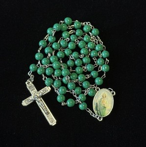 Vintage Colorized Saint Jude Green Glass Bead Rosary