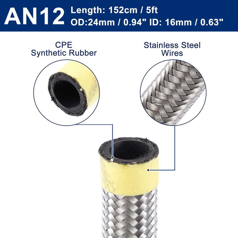 5 Pies AN12 Universal Coche Trenzado Aceite Combustible Gas Línea Manguera Plata - Imagen 3 de 4