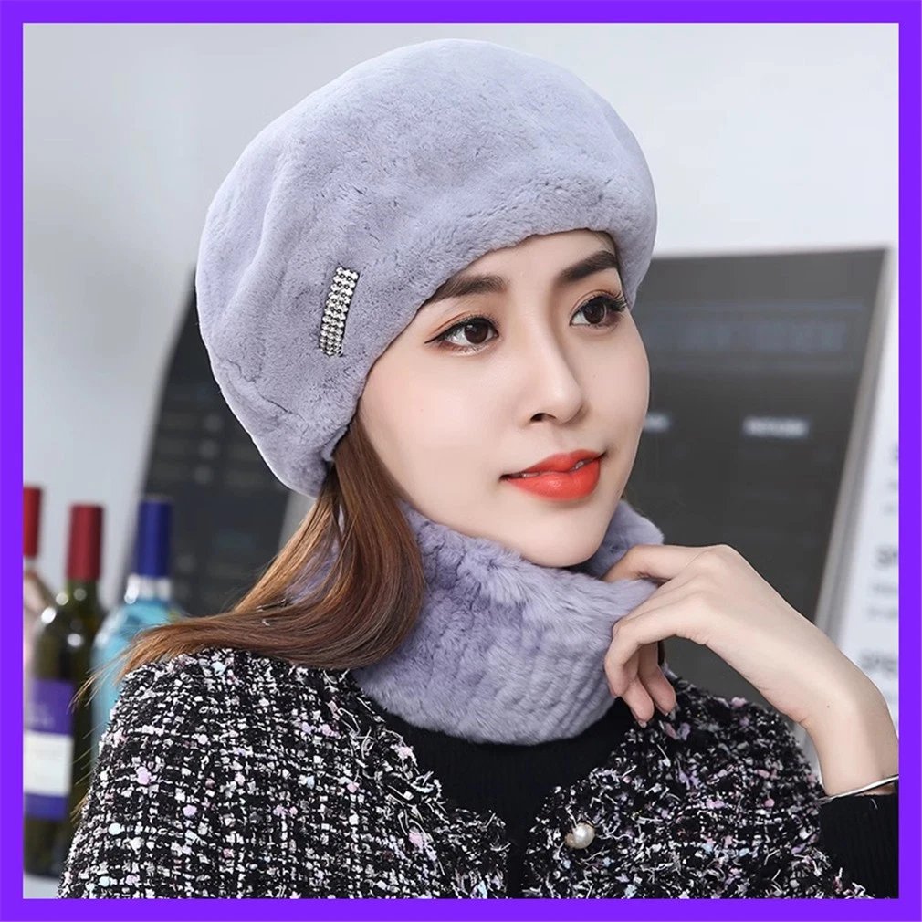 100% Real Rabbit Fur Hat and Scarf Thicken Winter Warm Beret Cap for Women