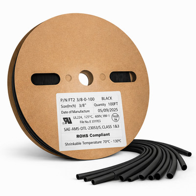 3/8'' Inch 100 FT. 100' Feet BLACK Polyolefin 2:1 Heat Shrink Tubing Tube UL
