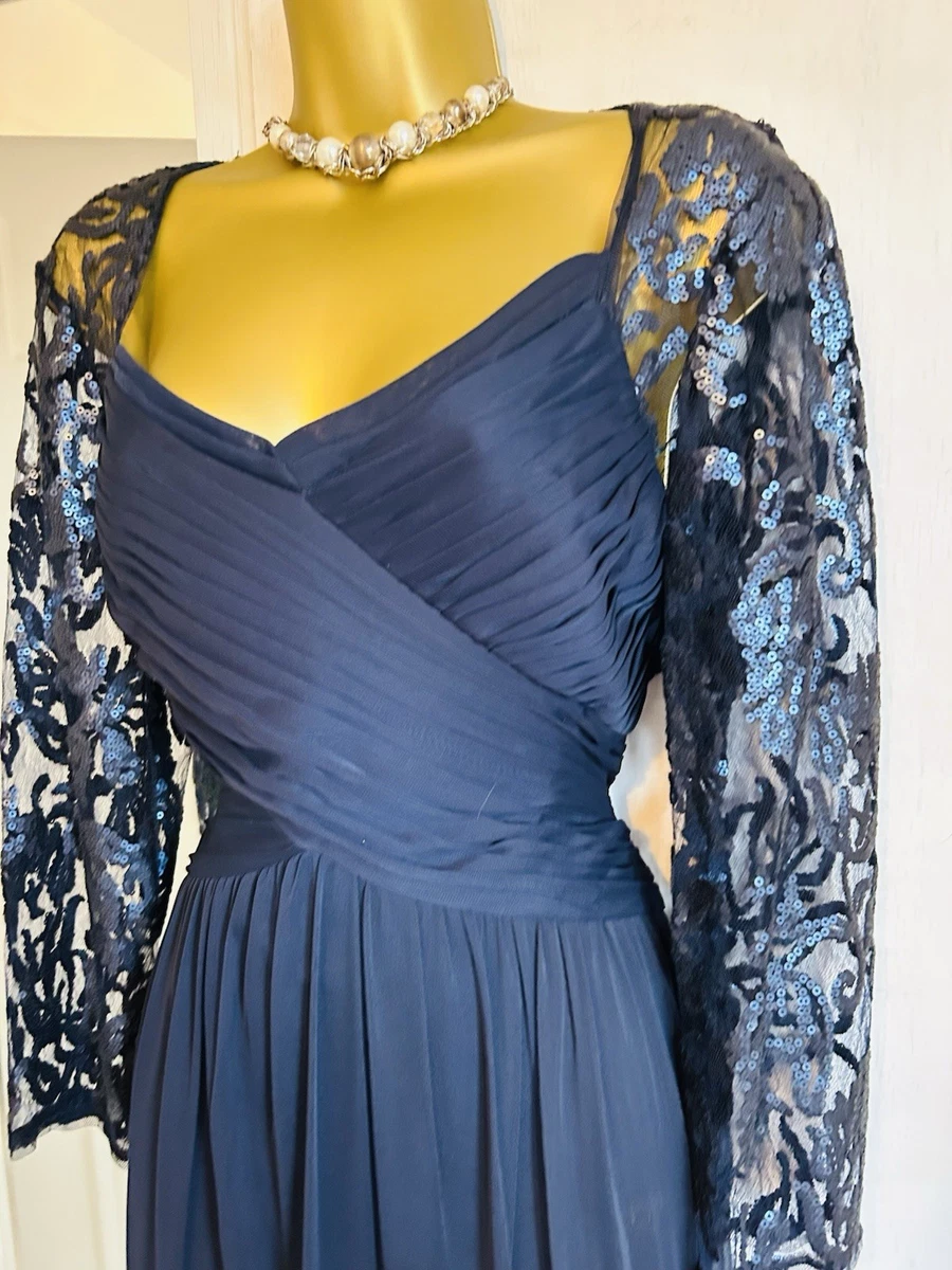 Vestido de Noche Largo Azul Marino Adrianna Papell Encaje Lentejuelas Manga Reino Unido 18 Ocasión Formal