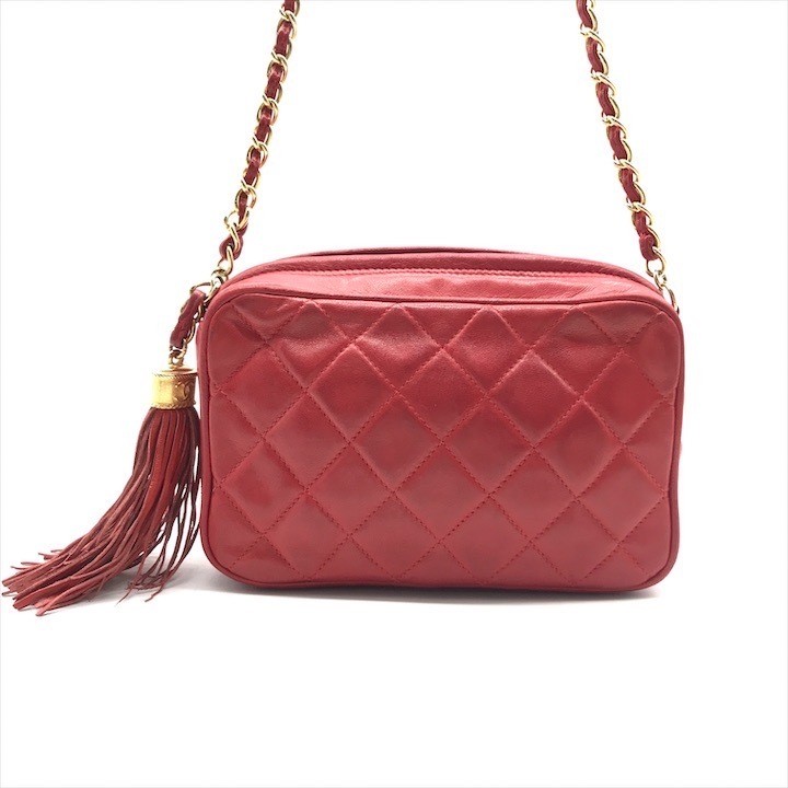 Good condition CHANEL Coco Mark Fringe Chain Shoulder Bag Red Ladies Brand Bag k