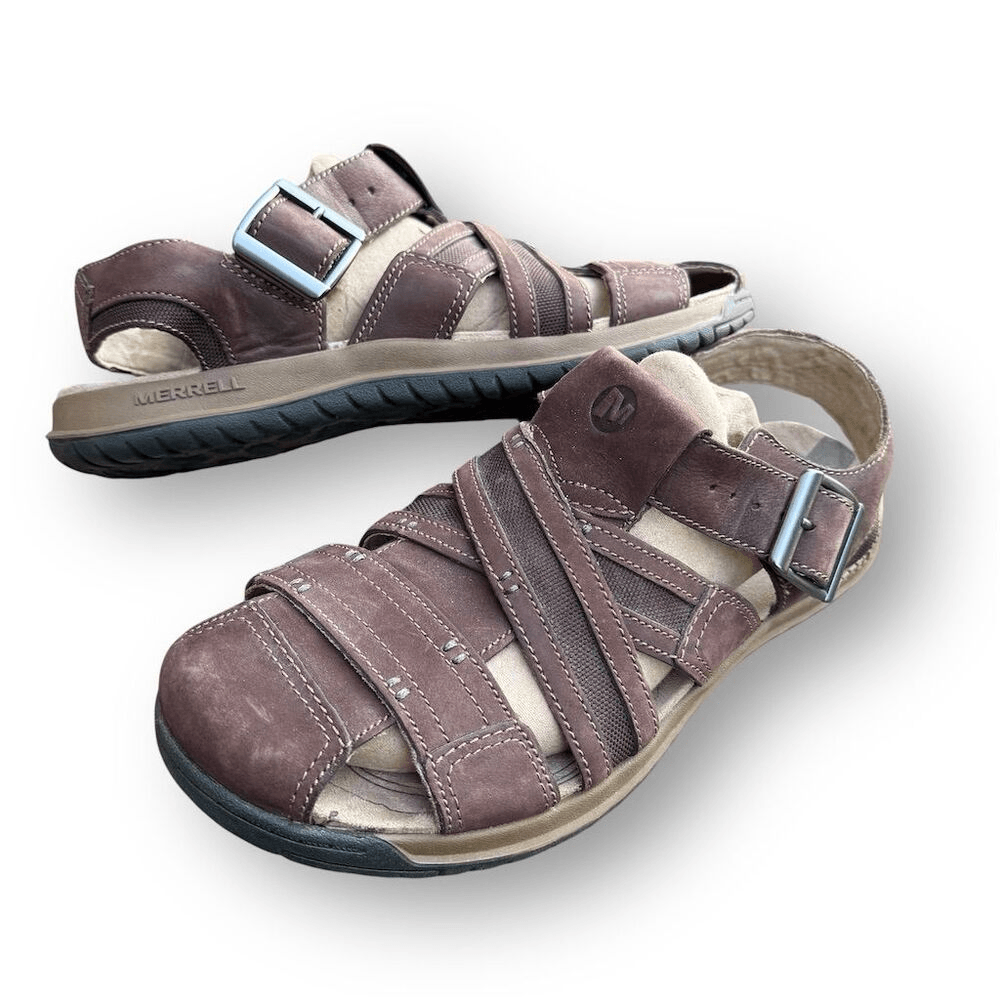 Merrell Sandali Uomo Viaggiatore Pescatore Pelle Marrone Taglia 10 Casual Slip On