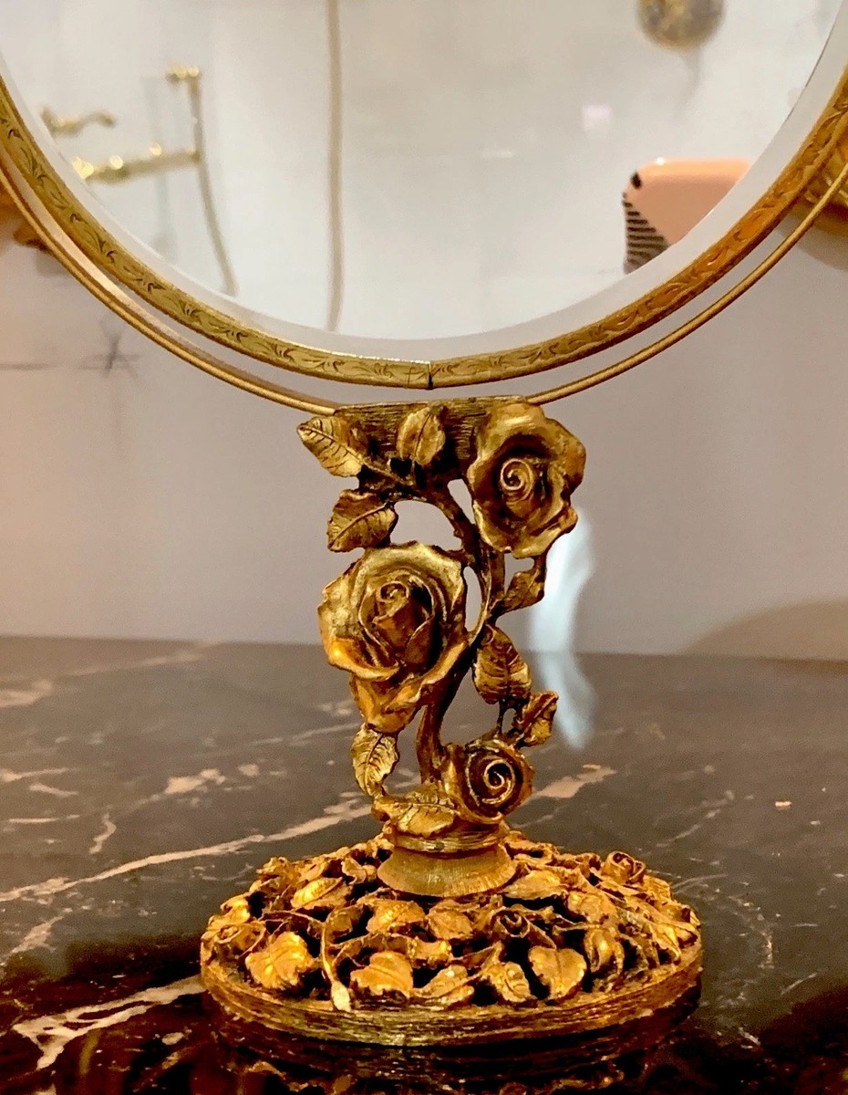 マトソン　ヴィンテージ両面ミラー　MATSON 鏡　ゴールド　USAアンティーク Vintage MATSON Roses 24k Gold Plated Vanity Magnifying