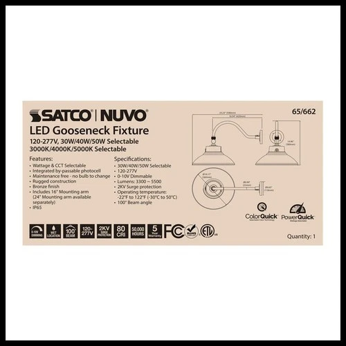 SATCO NUVO 65-662 Gooseneck LED 30W/40W/50W  120-227V Bronze with Photocell CCT - Picture 14 of 19