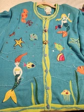 Quacker Factory Women's 2X  Blue Green Mermaids Embroidered Cardigan Sweater EUC