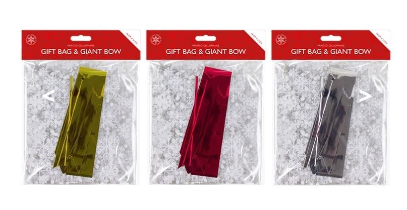 Christmas Pattern Cellophane Hamper Basket Bag 61 x 76cm 50mm Pull Bow Red Gold