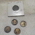 Mercury Dimes, Lot of 4 , 1 Arrow Head Penny 1920s-1940s, 90% Silver Dimes