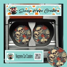 Car Coasters Skull Graveyard Flower Roses Halloween Set of 2 Neoprene Absorbent