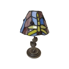 Vintage Tiffany Style Stained Glass Tea Light Lamp Candle Holder 9" Dragonfly 