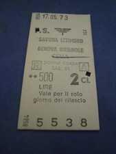 BIGLIETTO TRENO CARTONATO 1973 SAVONA LETIMBRO - GENOVA BRIGNOLE CEVA 4-230/2