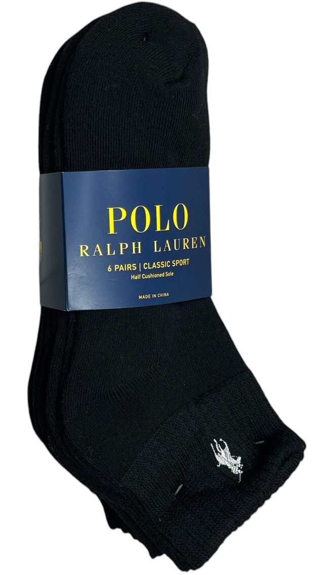 SAOLA Polo RALPH LAUREN uomo 6 paia calze mezza suola ammortizzata nero argento pony taglia L