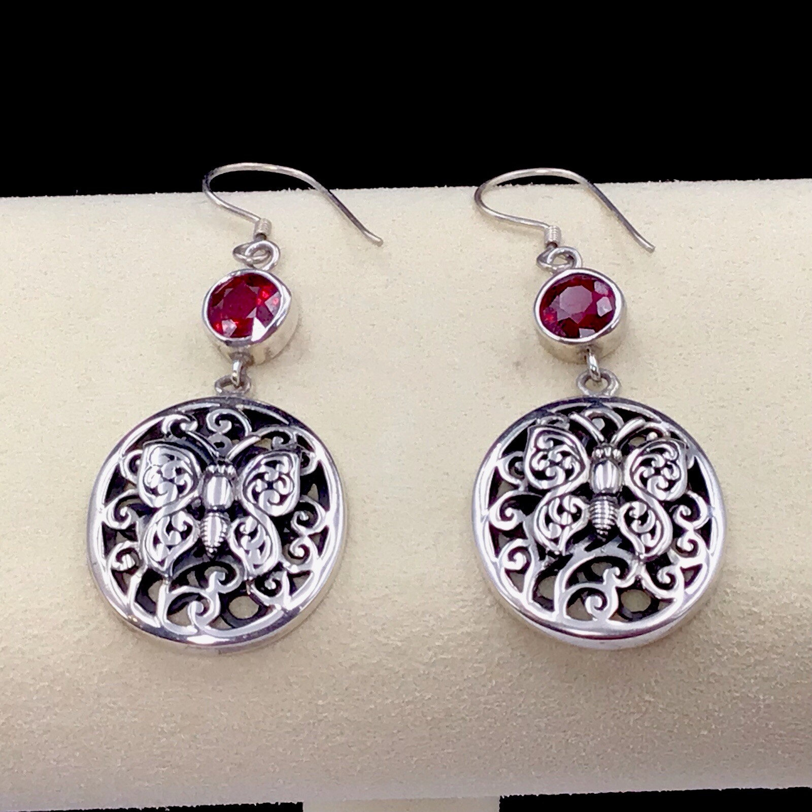 Sterling Silver Ruby Butterfly Earrings Dangle Ho… - image 1