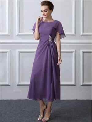 chiffon tea length dress MACloth Women Midi Mother Bride Dresses Short Sleeves Wedding Guest Te