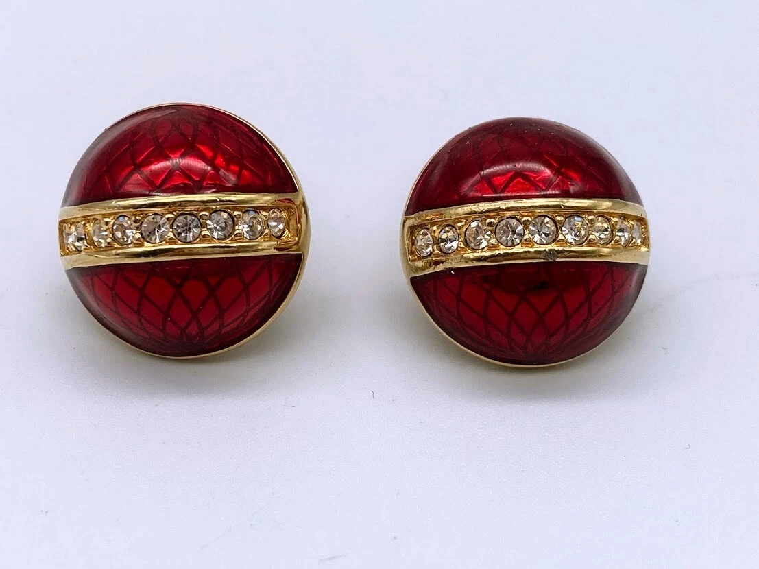 Vintage Swarovski Crystal Clip Candy Apple Red Enamel Dome