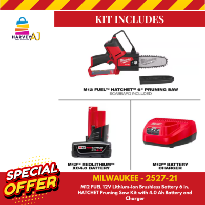 Milwaukee M12 FUEL 6 In. 12V Lithium-Ion Brushless Battery HATCHET Pruning Saw Kit W/4.0 Ah Battery, Charger & Extra Chain
