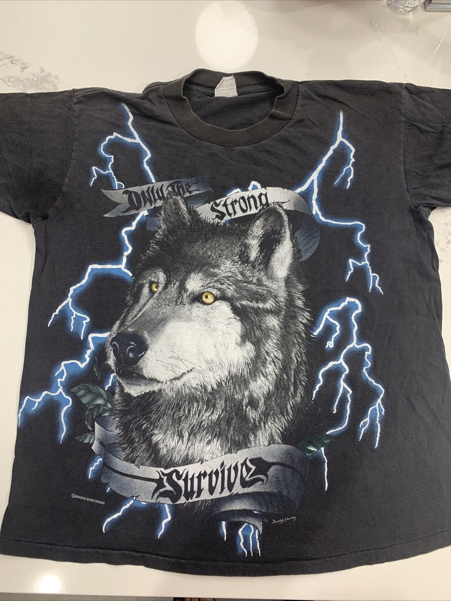 Vintage 90s American Thunder Wolf Only The Strong Survive T Shirt 