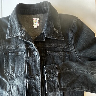 Roxy Women's Jacket Denim M Distressed Black Jean Long Sleeve Grunge