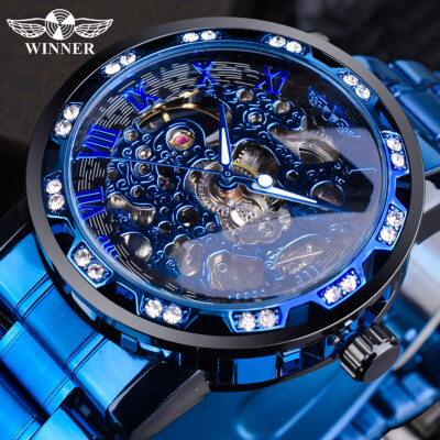 T-WINNER MEN'S STAINLESS STEEL VINTAGE DIAMOND HOLLOW SKELETON MECHANICAL WATCH
