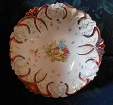 Antique 11 inch RS Prussia Floral Bowl w/ Molded Flowers Around It & Pink Ribbon