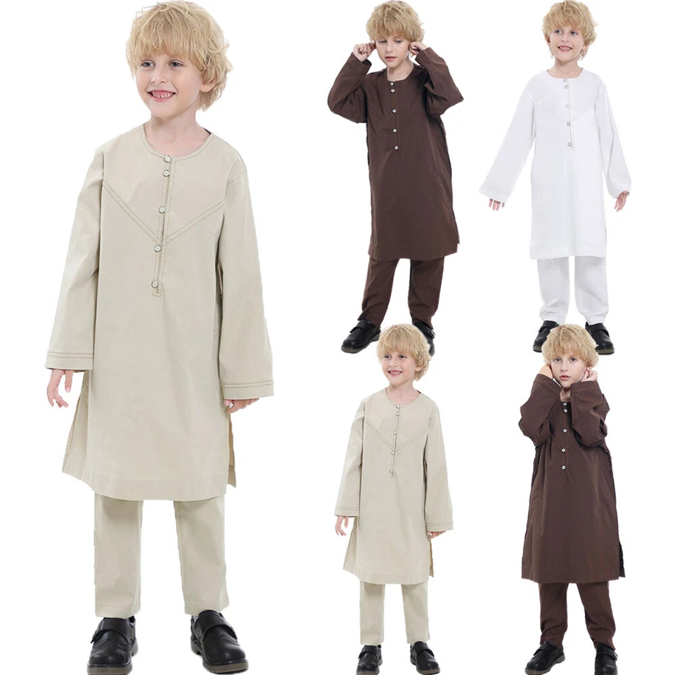Musulmanes Niños Niños Thobe Bata Saudí Manga Larga Prendas para el torso Pantalones Vestido Caftán Islámico Foto 4 de 4