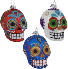 Noble Gems Day of Dead Sugar Skull Glass Ornaments,Set of 3 by Kurt Adler NB0830