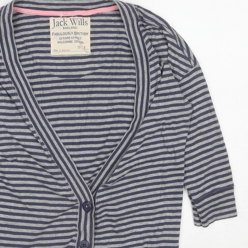 Jack Wills Womens Grey V-Neck Striped Cotton Blend Cardigan Size 8 - Picture 3 of 10