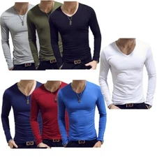 Mens Casual Long Sleeve T-shirt Solid Color V Neck Soft Tops Thermal Undershirt