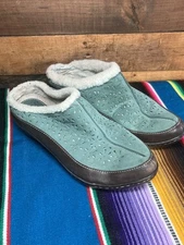 7.5M INDIGO by Clarks Soft Suede Leather Teal Sherpa Lined Mules Comfortable