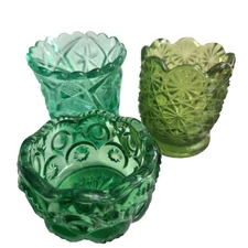 Vintage Lot of 3 Open Salt Dips Green Depression Glass Toothpick Holder Set