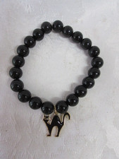 Halloween Beaded Bracelet with Black Cat Enamel Charm, Excellent 